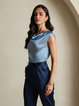 [Grayish Blue] SilkSilky  Cap Sleeve Cowl Neck Women's T-Shirt 004
