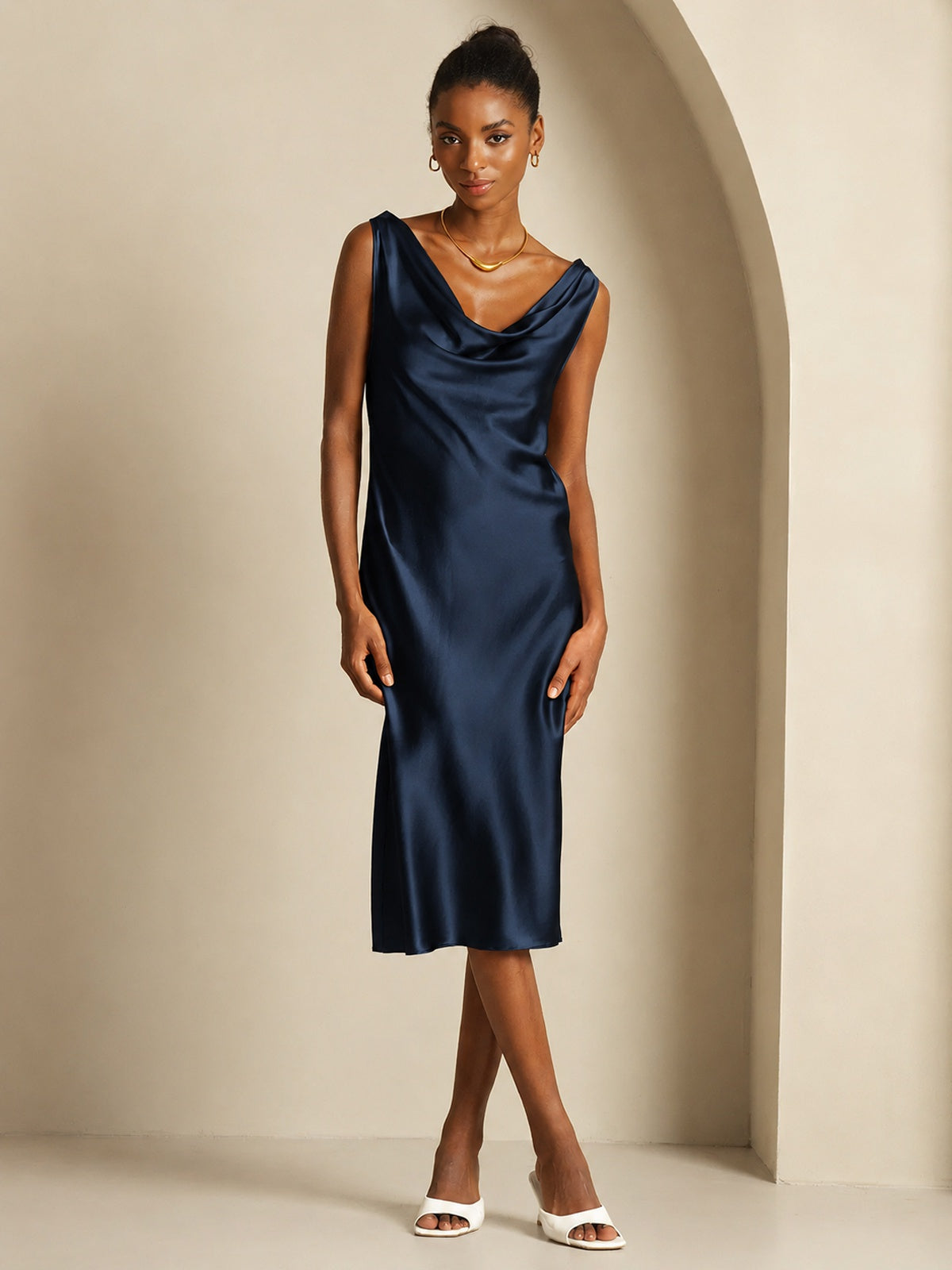 [Dark Blue] SilkSilky  Sleeveless Cowl Neck Dress 001