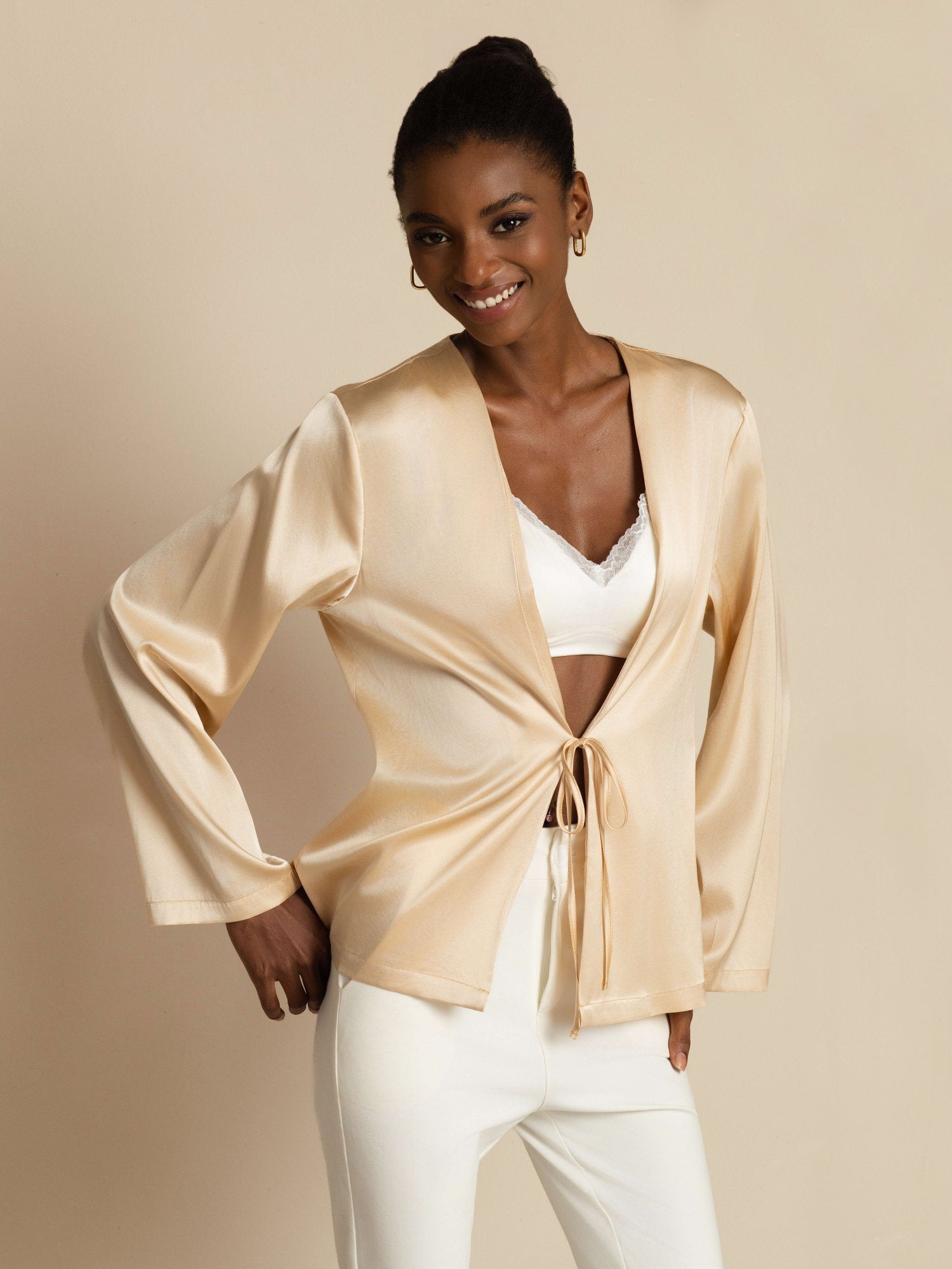 [Champagne] SilkSilky  19Momme Stretch Silk Charmeuse Long Sleeve Women's Outerwear 003