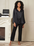 SilkSilky US 22Momme Pure Silk Long Sleeve Womens Pajamas Black 001