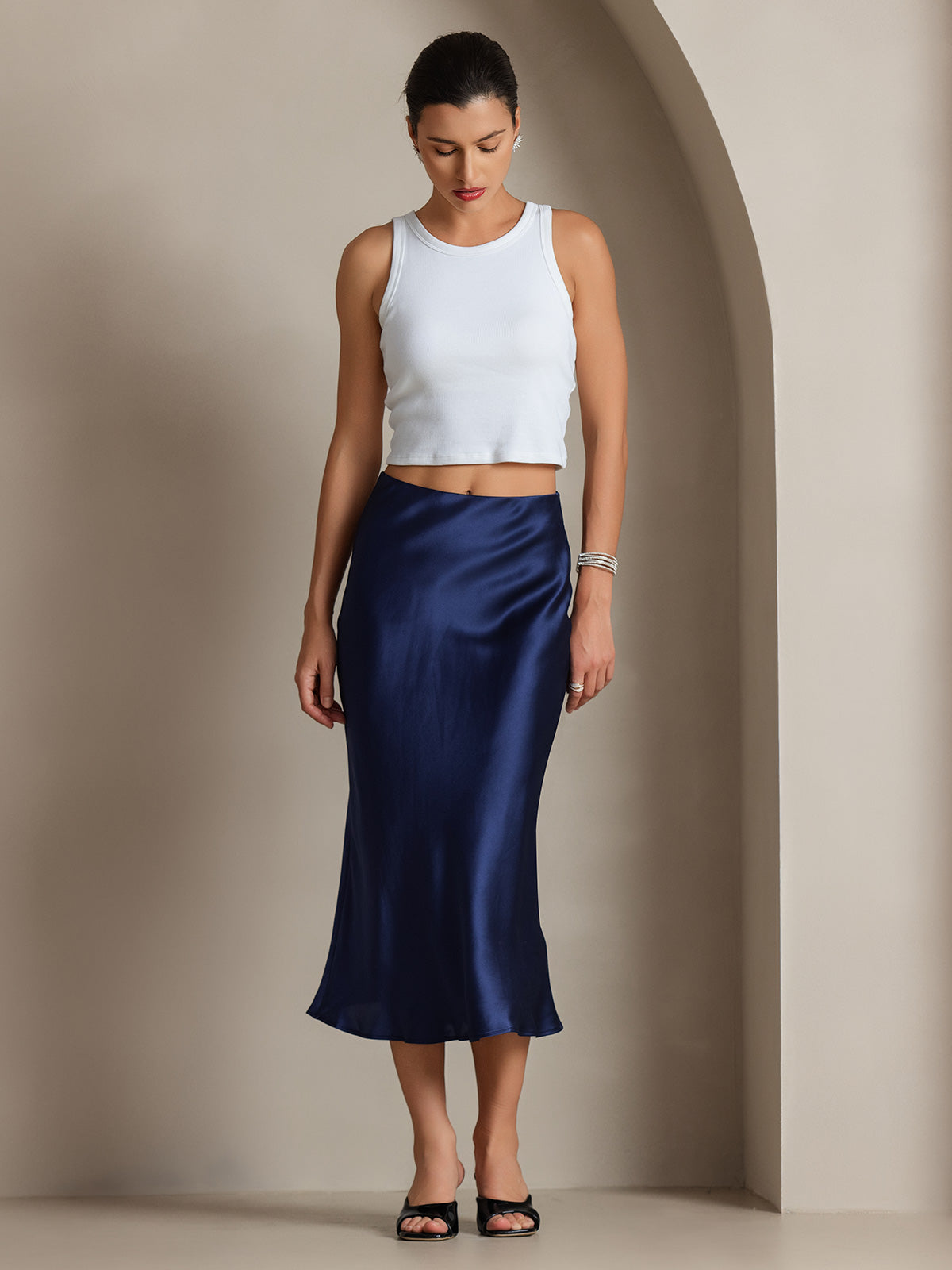 [Dark Blue] SilkSilky  19Momme Pure Silk Skirt 005