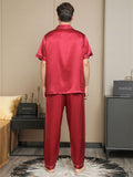 SilkSilky US 19Momme Pure Silk Short Sleeve Lapel Men's Pajamas Red 002