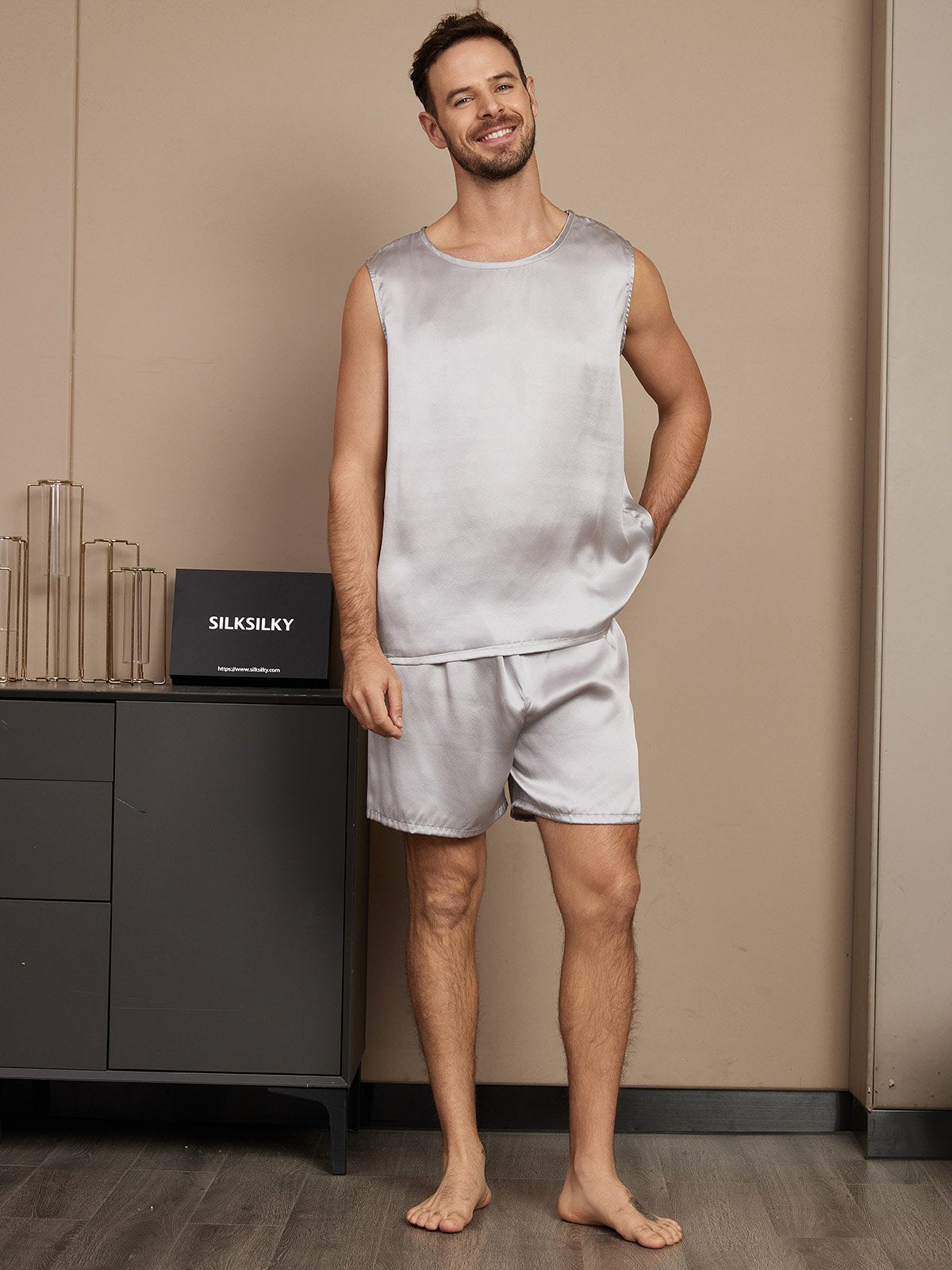 SilkSilky US Pure Silk Sleeveless Round Neck Men's Pajamas Silver 004