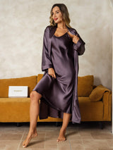 [Purple Gray] SilkSilky  Long Sleeve V Neck Nightgown&Robe Set 009