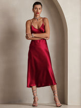 [Wine] SilkSilky  Spaghetti Strap V Neck Dress 004