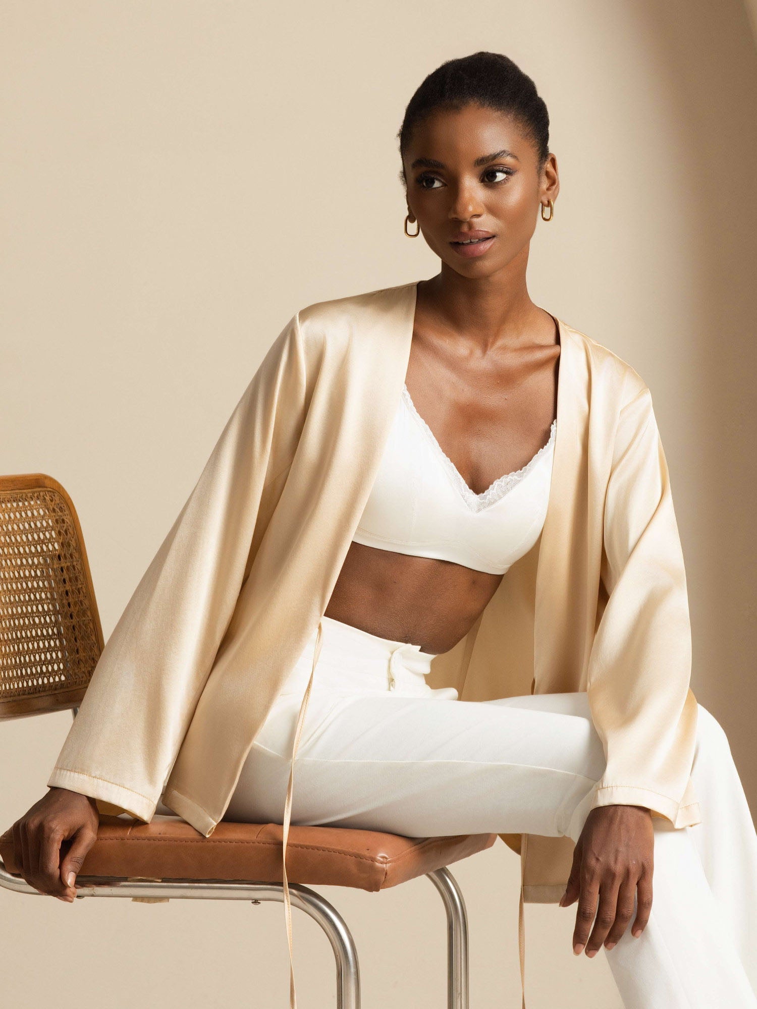 [Champagne] SilkSilky  19Momme Stretch Silk Charmeuse Long Sleeve Women's Outerwear 001