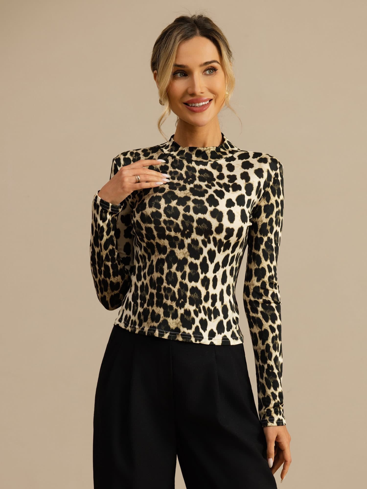 [Leopard] SilkSilky 100% Silk Jersey Long Sleeve Mock Neck Women's T-Shirt 003