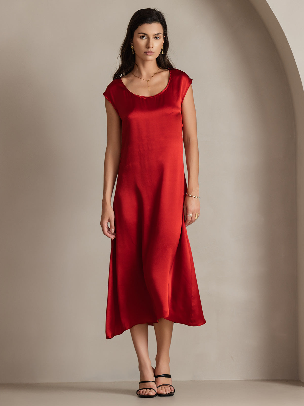 SilkSilky  19Momme Silk Sleeveless Round Neck Dress Wine 003