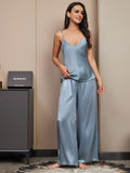 SilkSilky US Pure Silk Sleeveless V Neck Camisole Set GrayishBlue 003