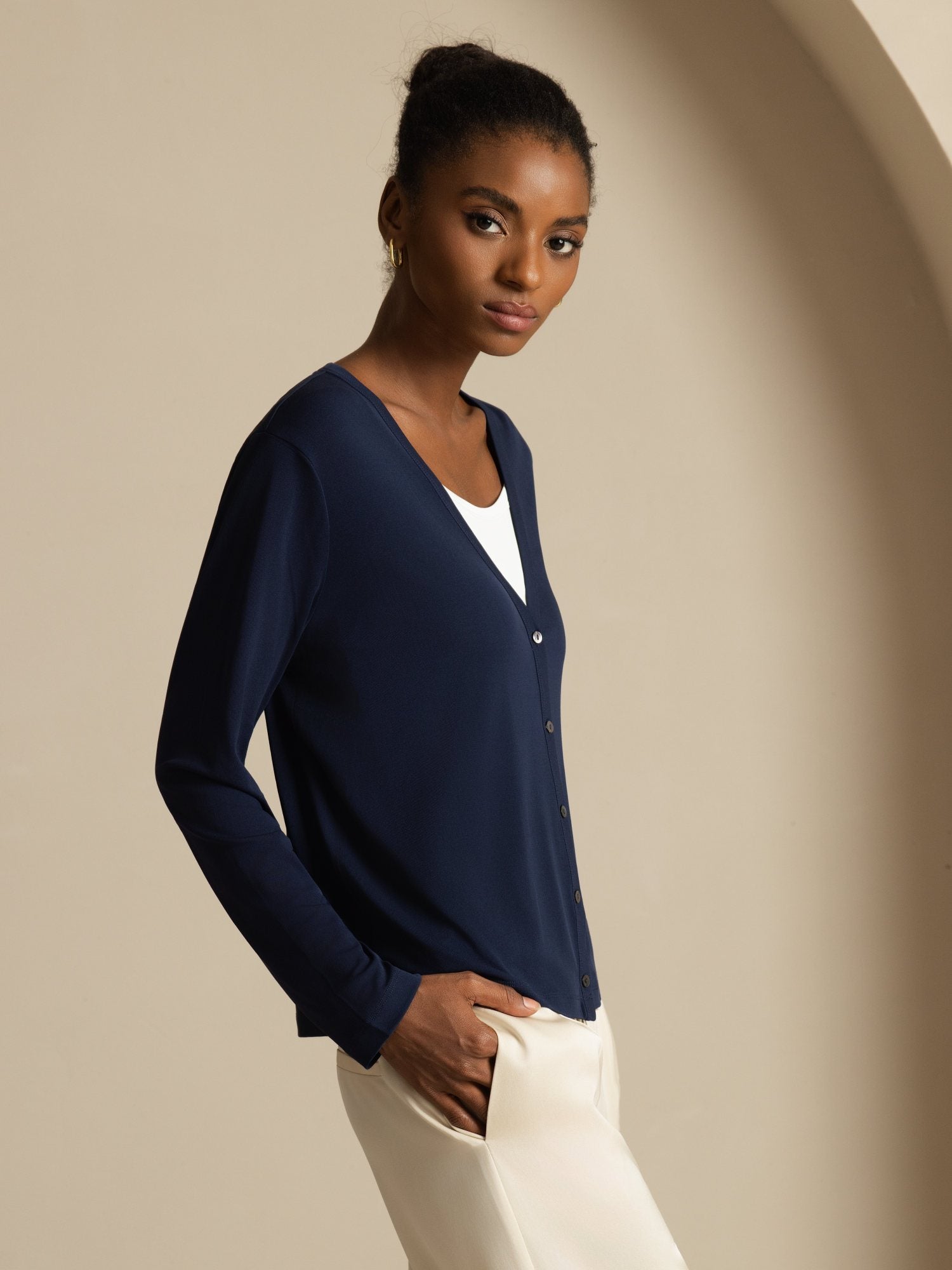 [DarkBlue] SilkSilky Silk Long Sleeve V Neck Women's Cardigan 005