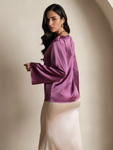 [Deep Purple] SilkSilky  19Momme Stretch Silk Charmeuse Long Sleeve Boat Neck Blouse 002