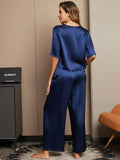 SilkSilky US Pure Silk Half Sleeve Round Neck Women's Pajamas DarkBlue 002