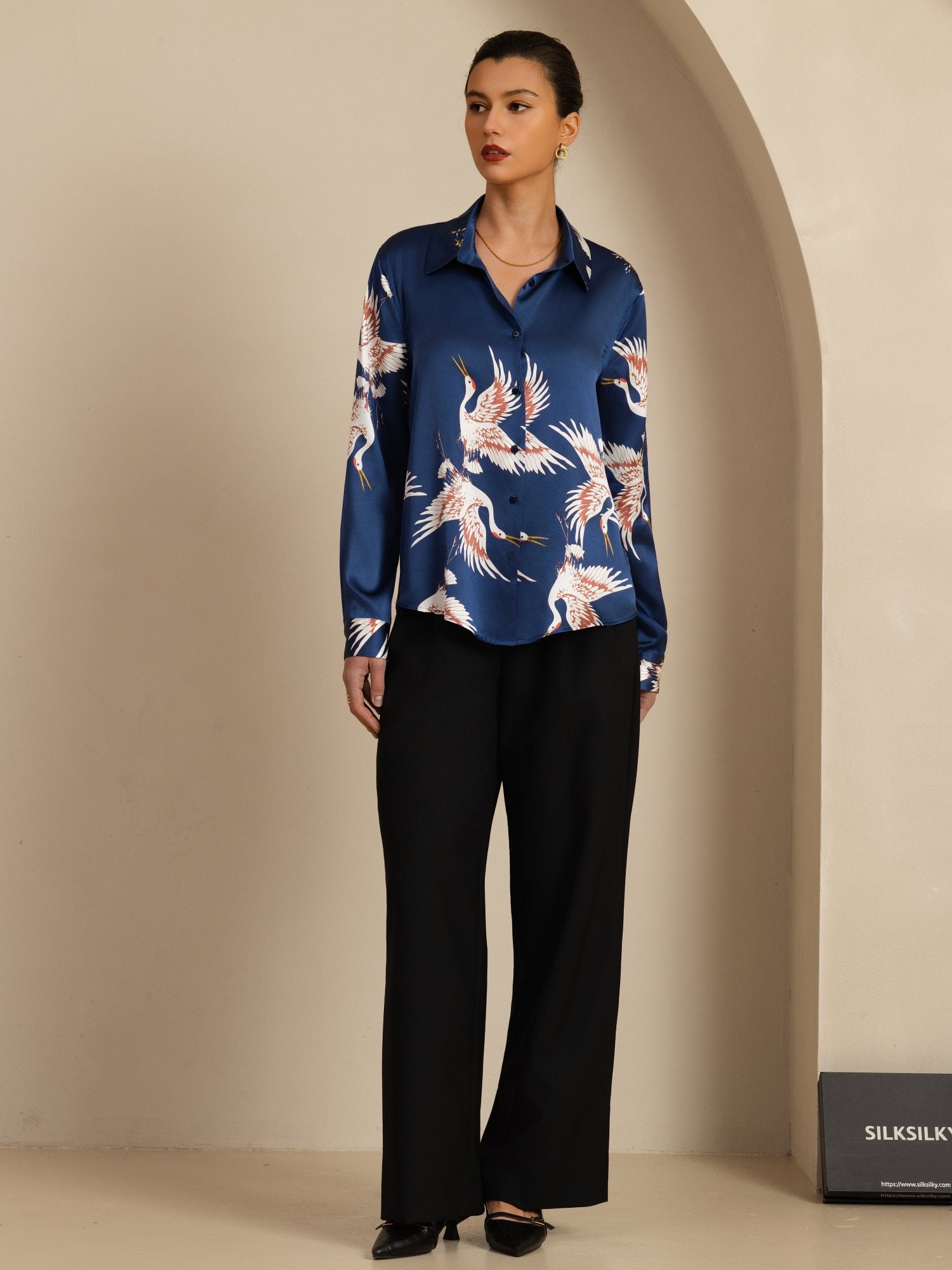 [Dark Blue] SilkSilky  19Momme Long Sleeve Lapel Collar Women's Shirt 008