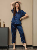 SilkSilky US Pure Silk Short Sleeve Lapel Women's Pajamas DarkBlue 006