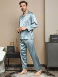 SilkSilky US 19Momme Pure Silk Long Sleeve Lapel Men's Pajamas LightBlue 003