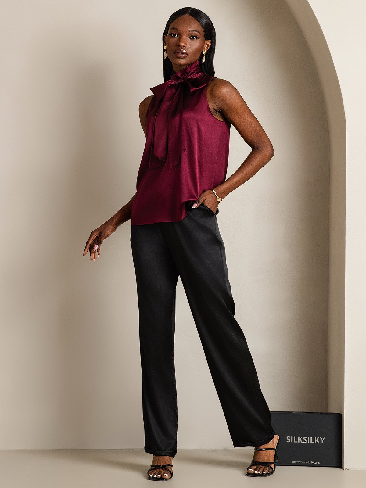 SilkSilky 19Momme Silk Tie Neck Women's Shirt DarkRed 006