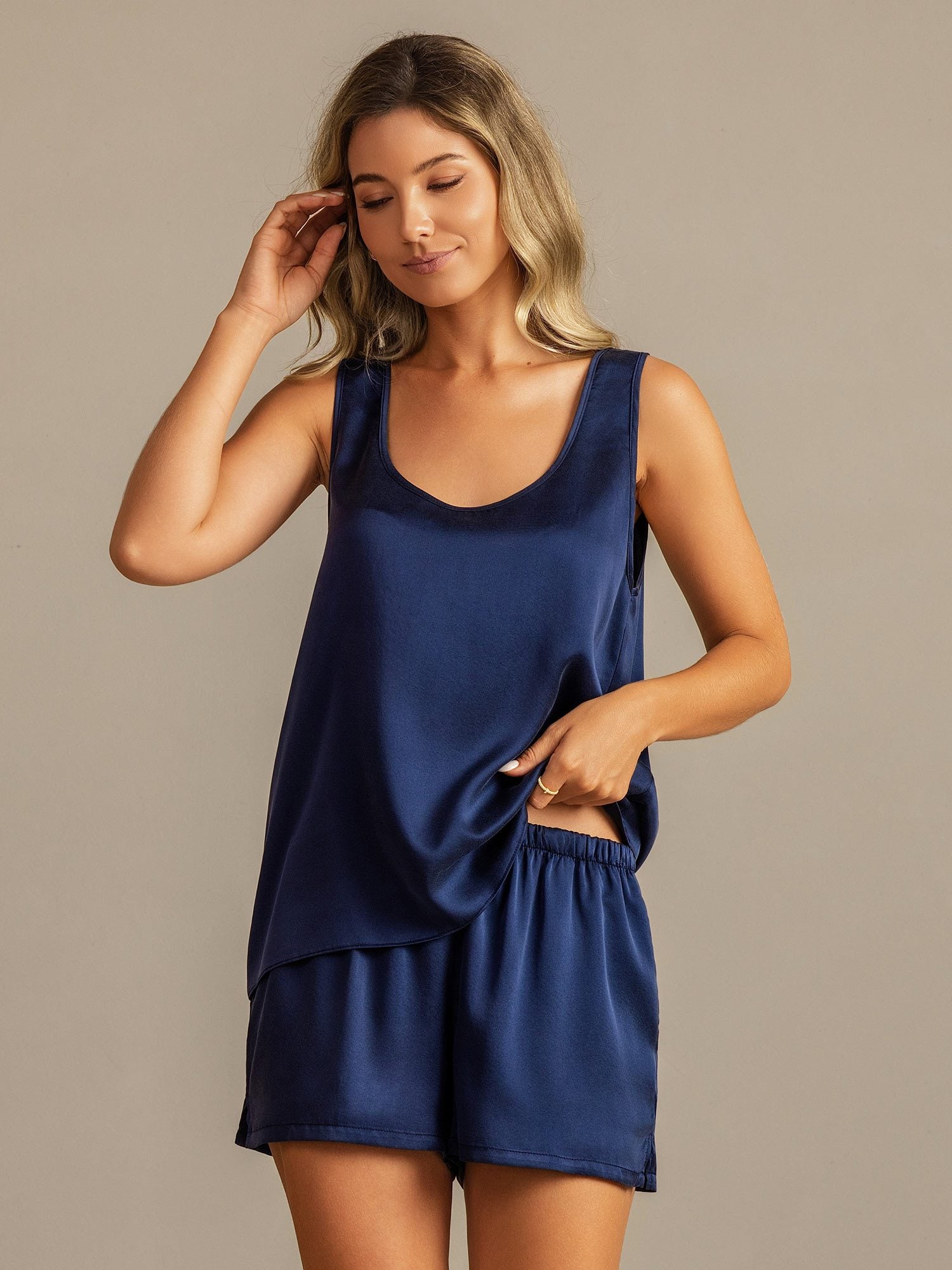 [DarkBlue] SilkSilky 19Momme Silk U Neck Women's Pajamas 007