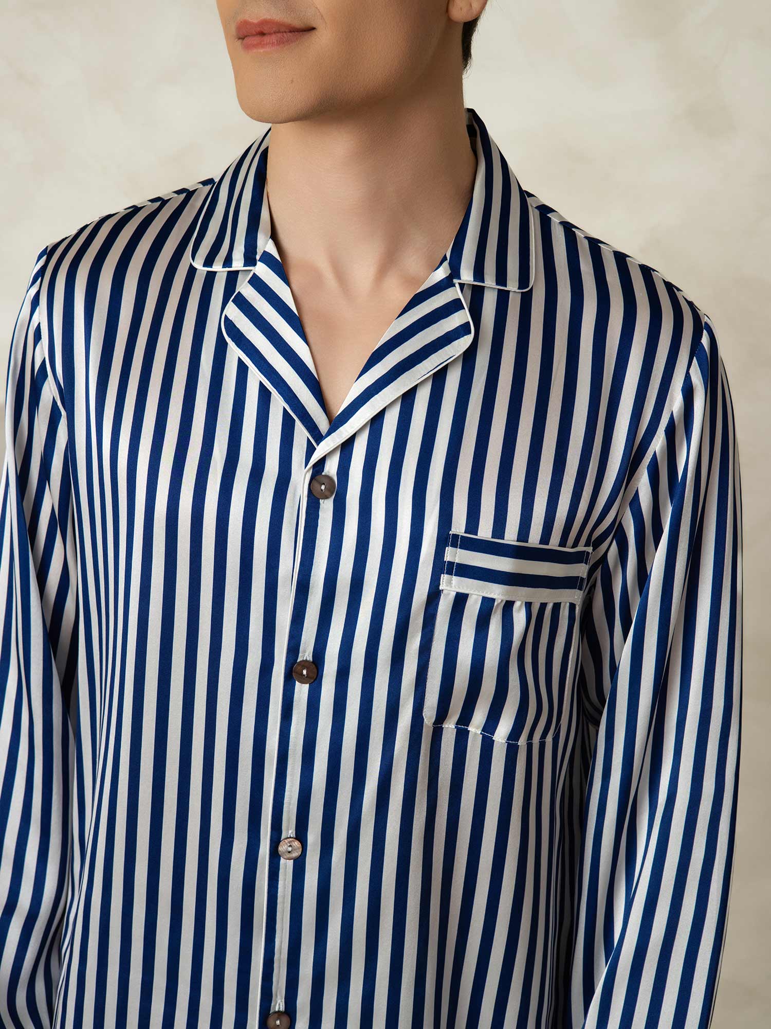 [Navy Stripe] SilkSilky  19Momme Pure Silk Mens Pajamas 006