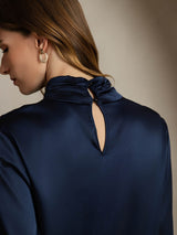 [Dark Blue] SilkSilky  19Momme Silk Keyhole Neck Women's Shirt 004