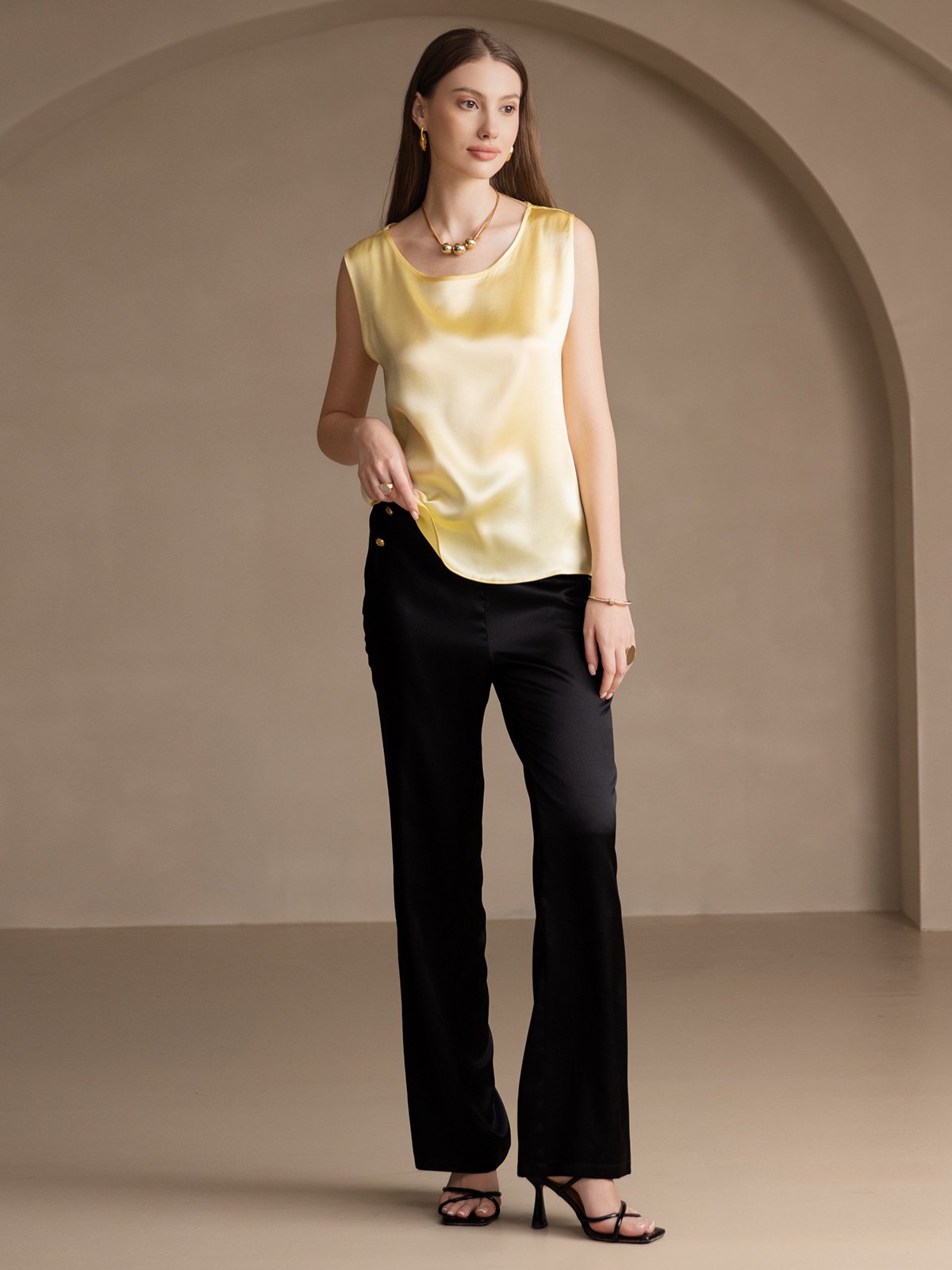 [Light Yellow] SilkSilky  19Momme Silk Round Neck Camisole Top 006