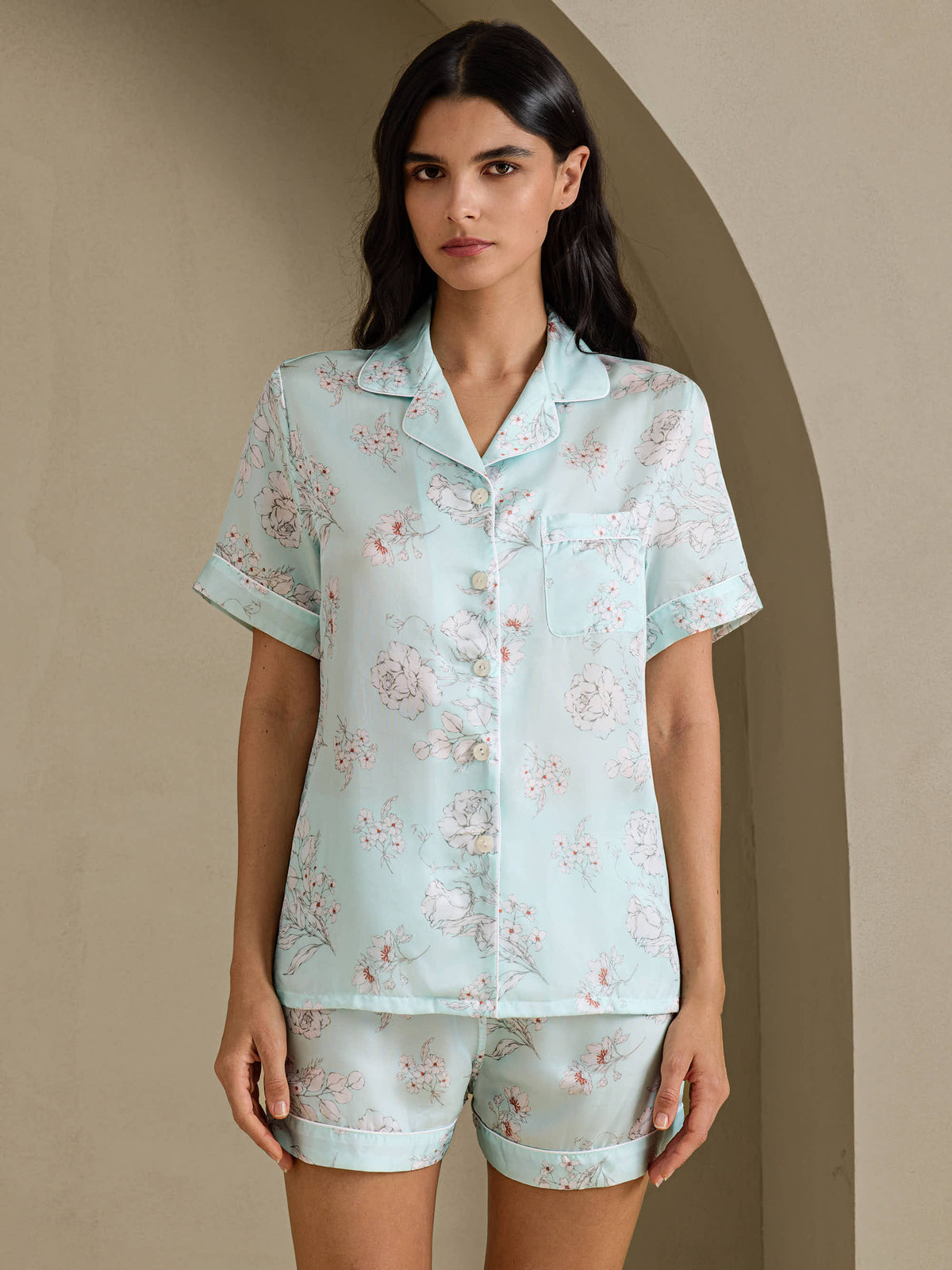 [Sky Floral] SilkSilky Short Sleeve Notch Collar Women's Pajamas 001