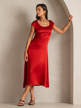 [Wine] SilkSilky  19Momme Stretch Silk Charmeuse Cap Sleeve Scoop Neck Dress 004