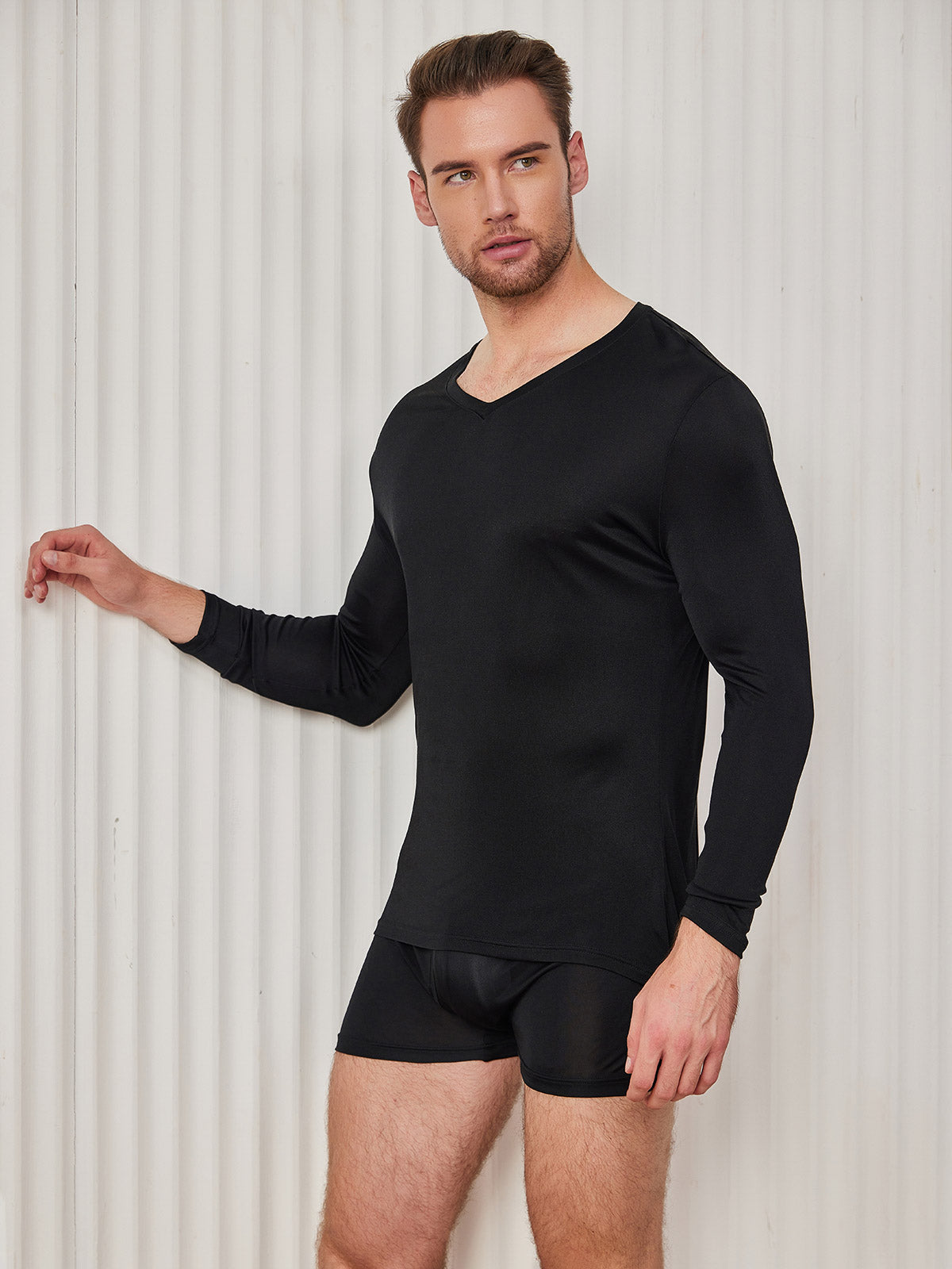 SilkSilky US Silk Knitted Long Sleeve V Neck Men's T Shirt Black 001