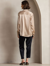 [Champagne] SilkSilky  19Momme Stretch Silk Charmeuse Long Sleeve Lapel Collar Women's Shirt 002