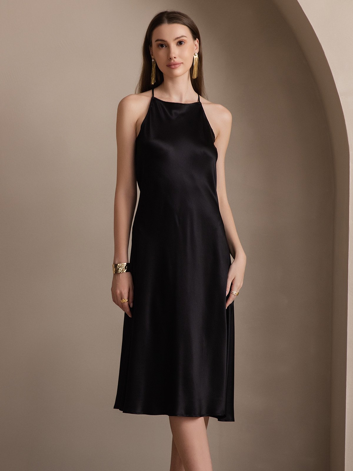 SilkSilky US 19Momme Silk Blend Sleeveless Dress Black 003