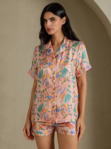 [Pink Fauna] SilkSilky Short Sleeve Notch Collar Women's Pajamas 001