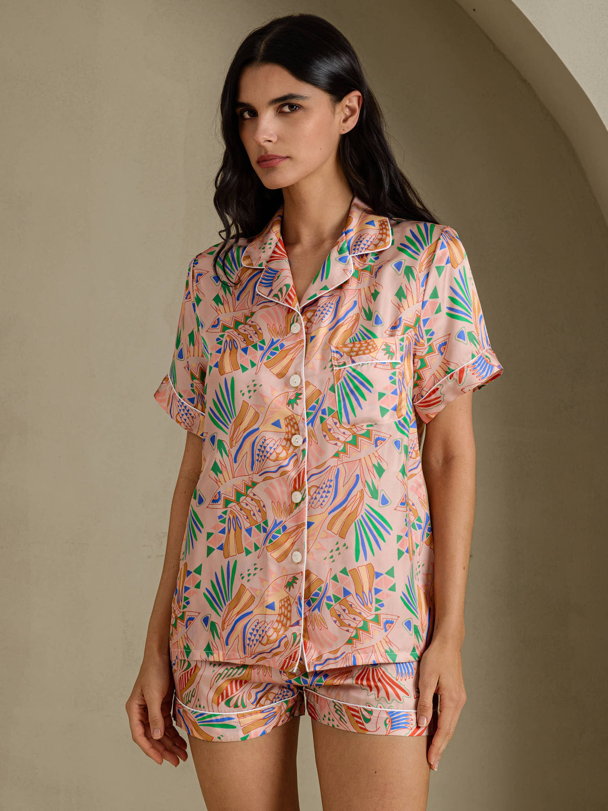 [Pink Fauna] SilkSilky Short Sleeve Notch Collar Women's Pajamas 001