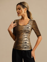 [Tiger] SilkSilky 100% Silk Jersey Half Sleeve Scoop Neck Women's T-Shirt 003