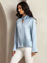 [Grayish Blue] SilkSilky  19Momme Silk Keyhole Neck Women's Shirt 002