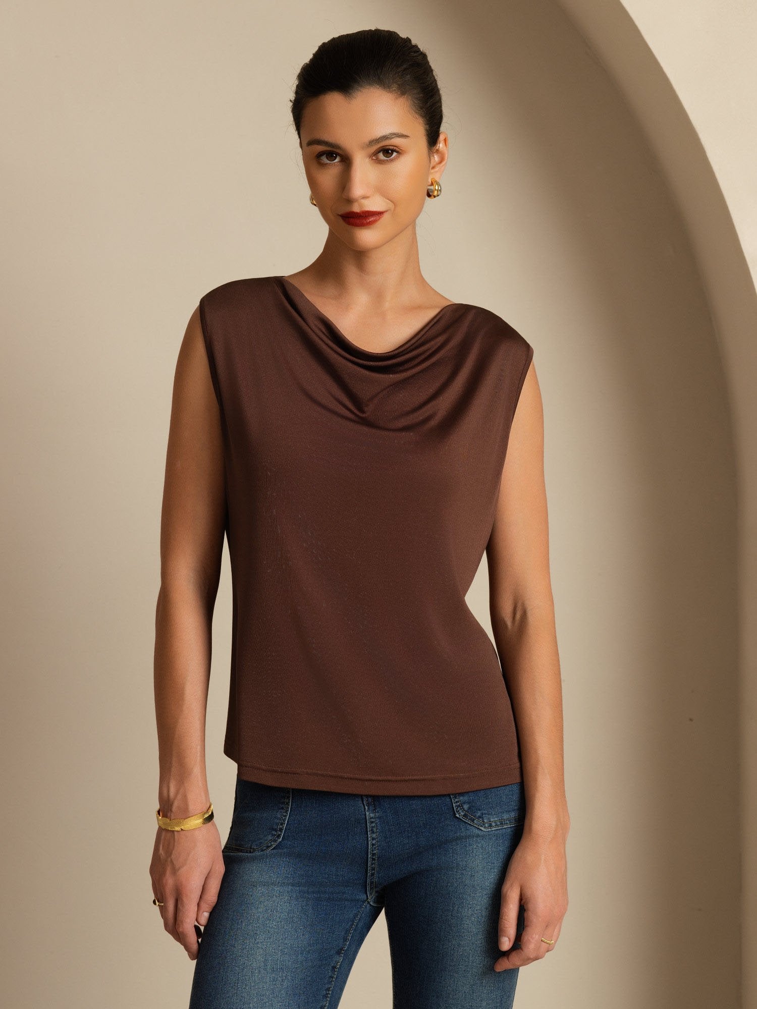 [Coffee] SilkSilky Silk Sleeveless Cowl Neck Women's T-Shirt 003