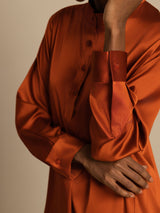 [Caramel] SilkSilky  19Momme Stretch Silk Charmeuse Long Sleeve Stand Collar Blouse 005