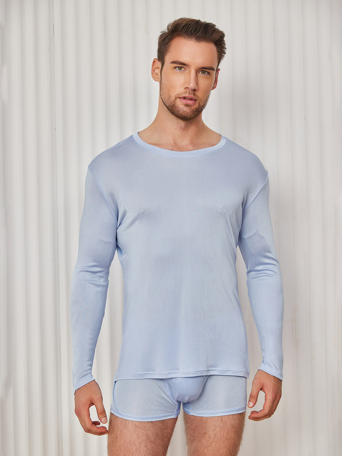 SilkSilky US Silk Knitted Long Sleeve Round Neck Men's T Shirt LightBlue 003