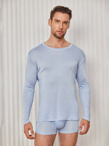 [Light Blue] SilkSilky  100% Silk Jersey Long Sleeve Round Neck Men's T-Shirt 001