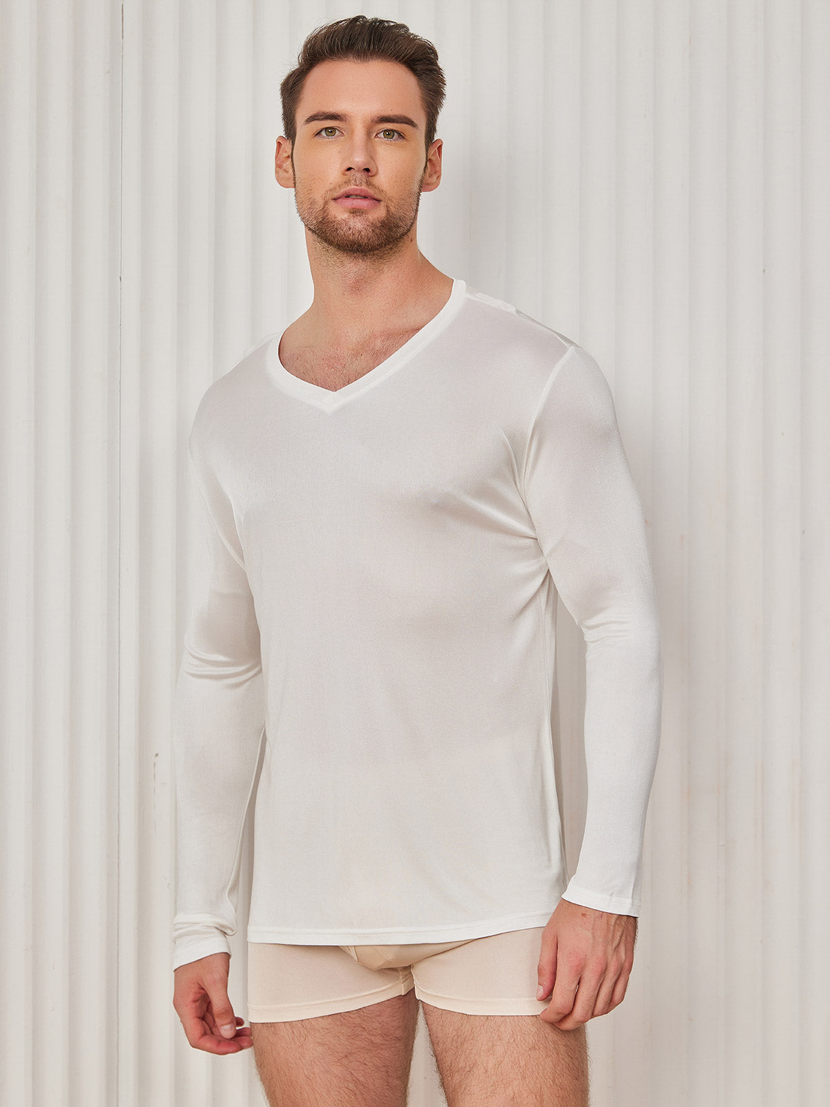 SilkSilky US Silk Knitted Long Sleeve V Neck Men's T Shirt White 001