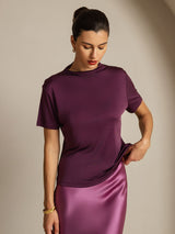 [Purple] SilkSilky  100% Silk Jersey Short Sleeve Mock Neck Women's T-Shirt 006