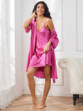 SilkSilky US Pure Silk 3/4 Sleeve Nightgown&Robe Set RoseRed 004