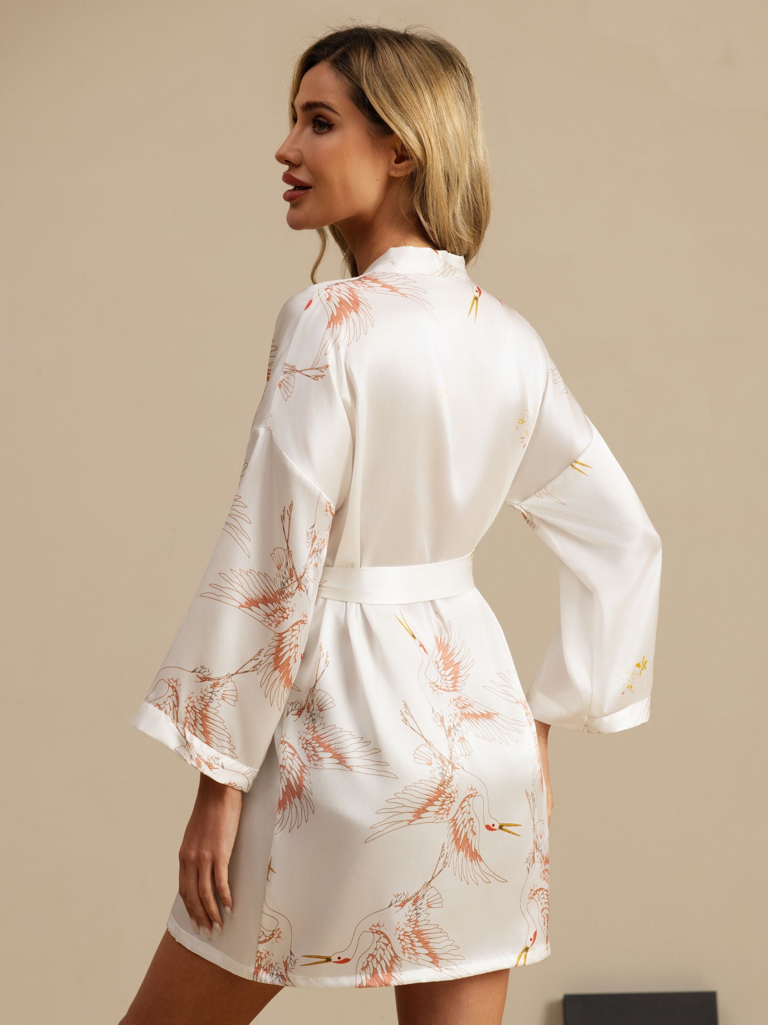 [White] SilkSilky  3/4 Sleeve Deep V Neck Women's Robe 002