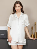 SilkSilky  Pure Silk Short Sleeve Lapel Women's Pajamas White 002