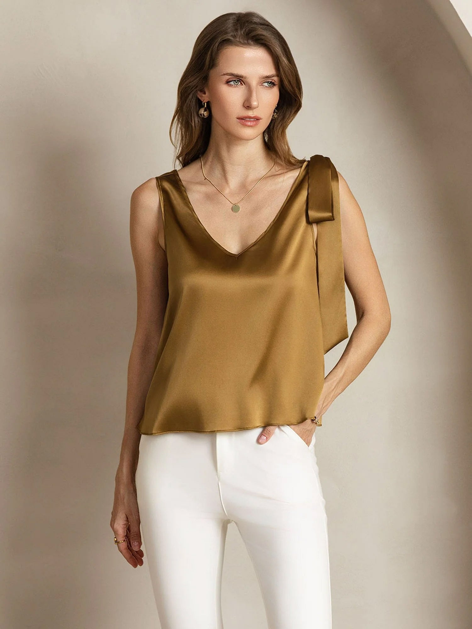 [Bronze] SilkSilky  19Momme Silk V Neck Women's T-Shirt 006