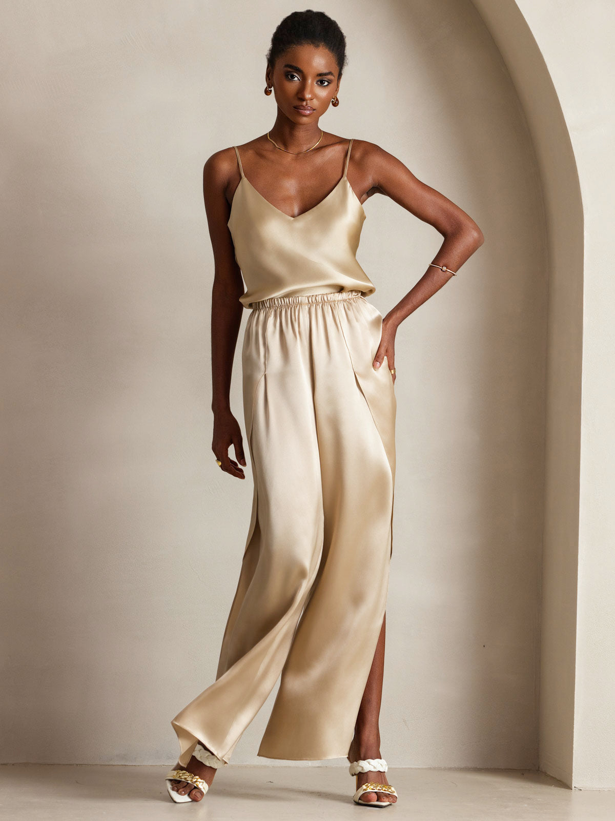[Champagne] SilkSilky  Pure Silk V Neck Camisole Top 003