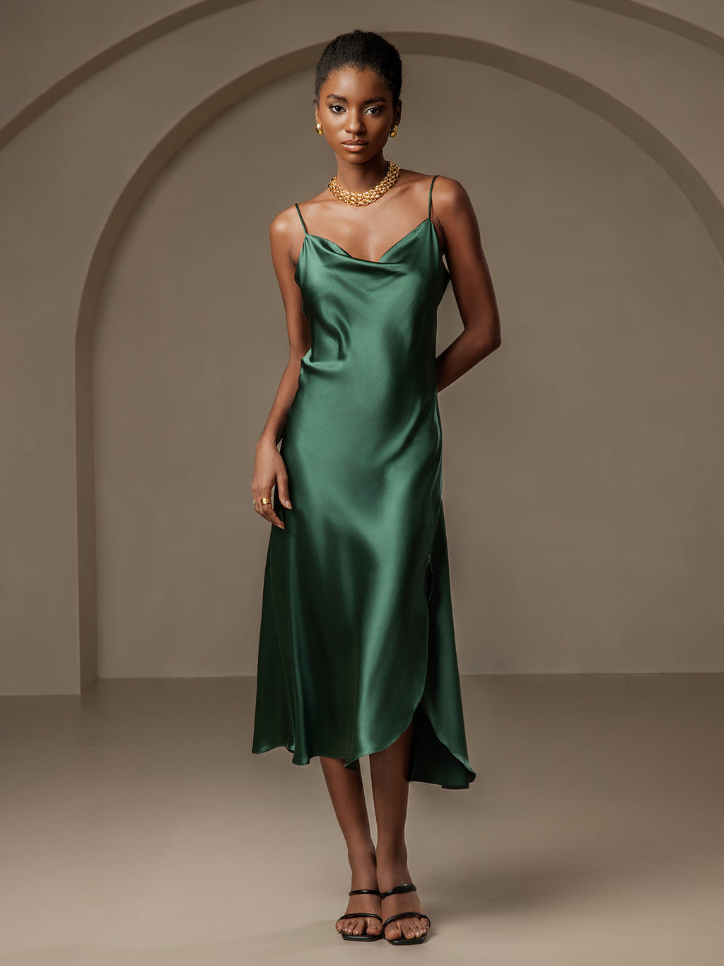 100% Mulberry Silk Spaghetti Strap Cowl Neck Bias Midi Dress Split Design