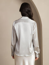 [Light Gray] SilkSilky  19Momme Stretch Silk Charmeuse Long Sleeve Lapel Collar Women's Shirt 002