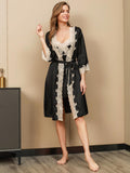 SilkSilky US Pure Silk 3/4 Sleeve Nightgown&Robe Set Black 002