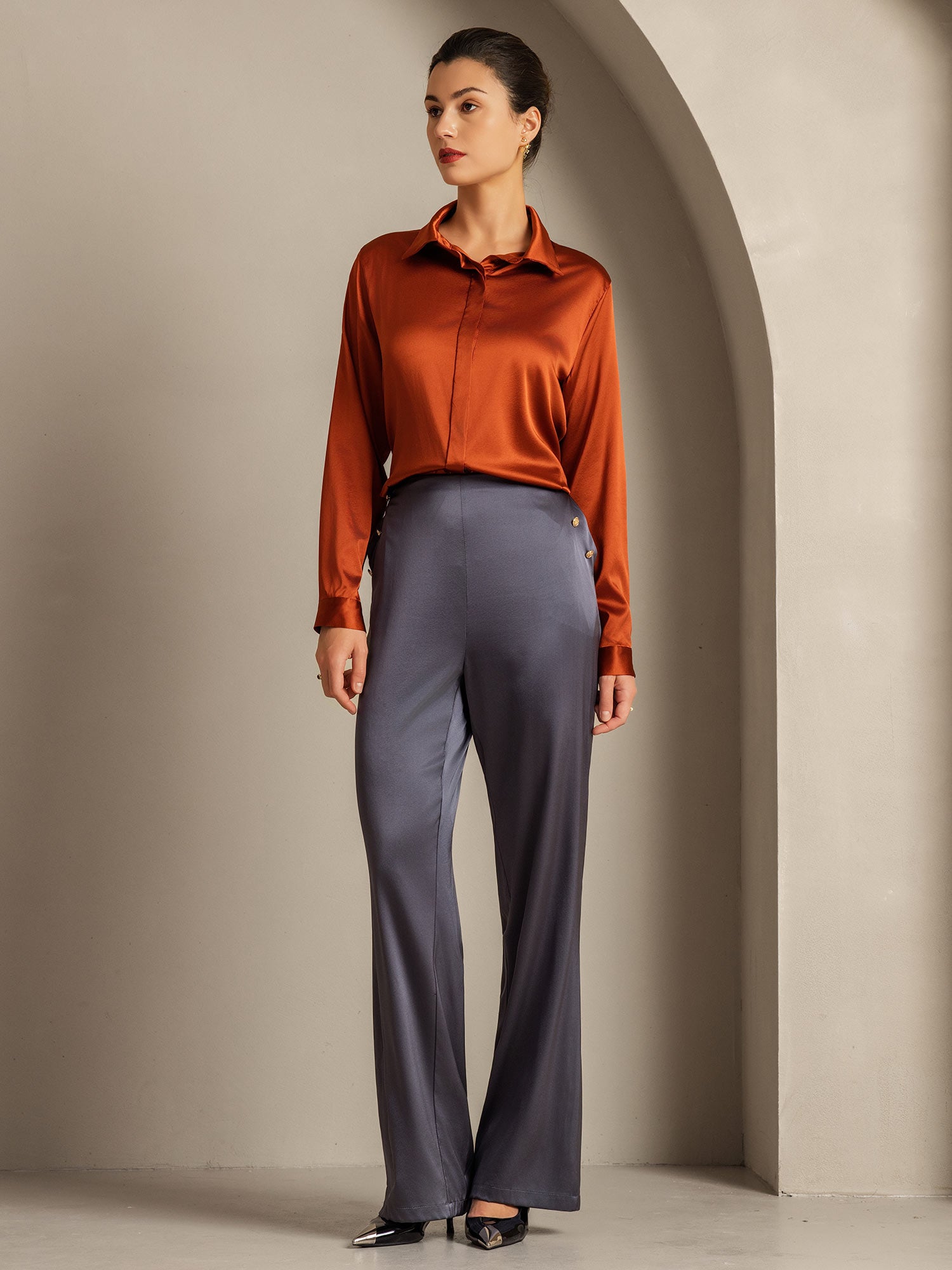 [Caramel] SilkSilky  19Momme Silk Lapel Collar Women's Shirt 009