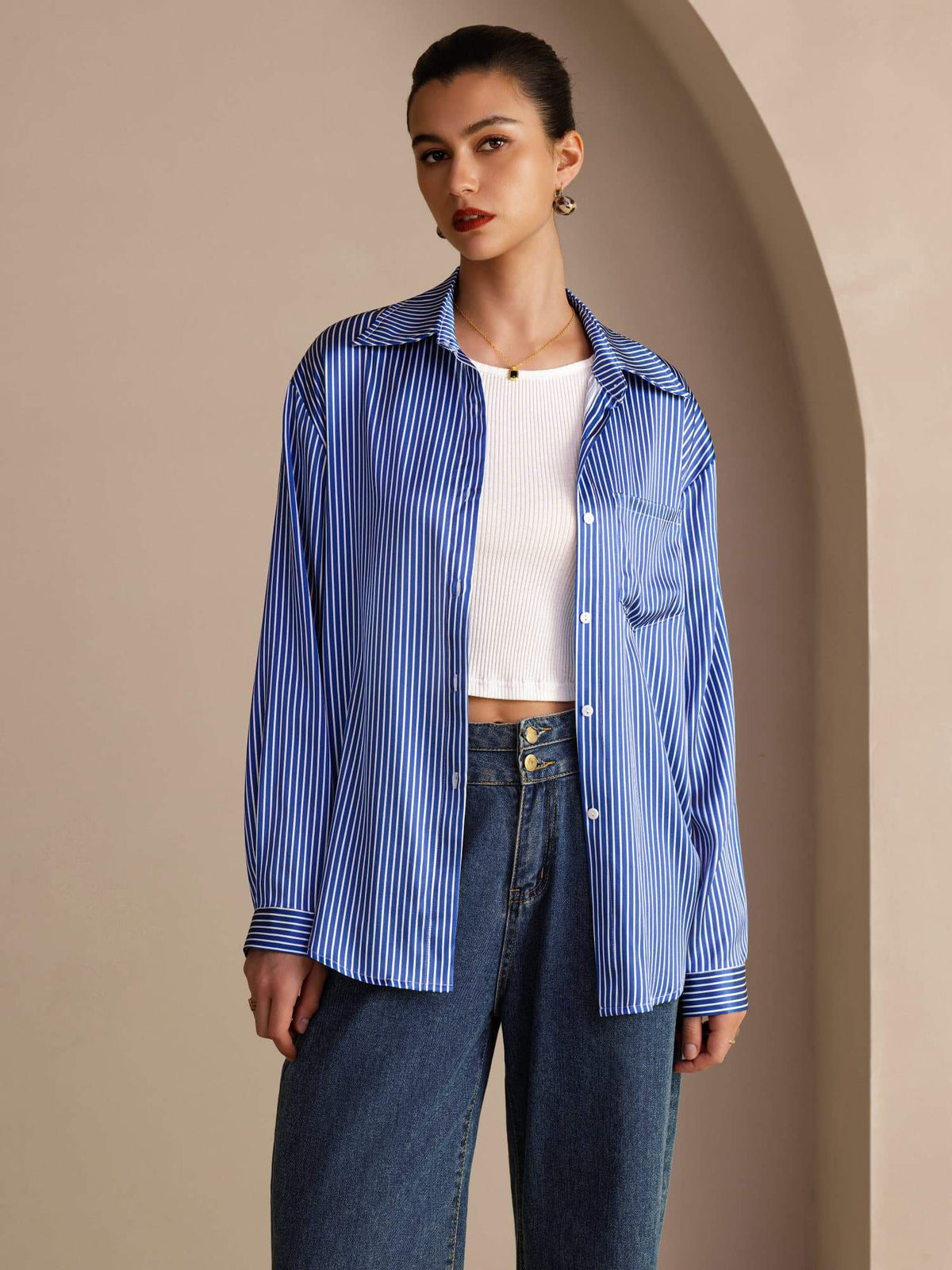 [Blue Pinstripe] SilkSilky Long Sleeve Lapel Collar Women's Shirts 001