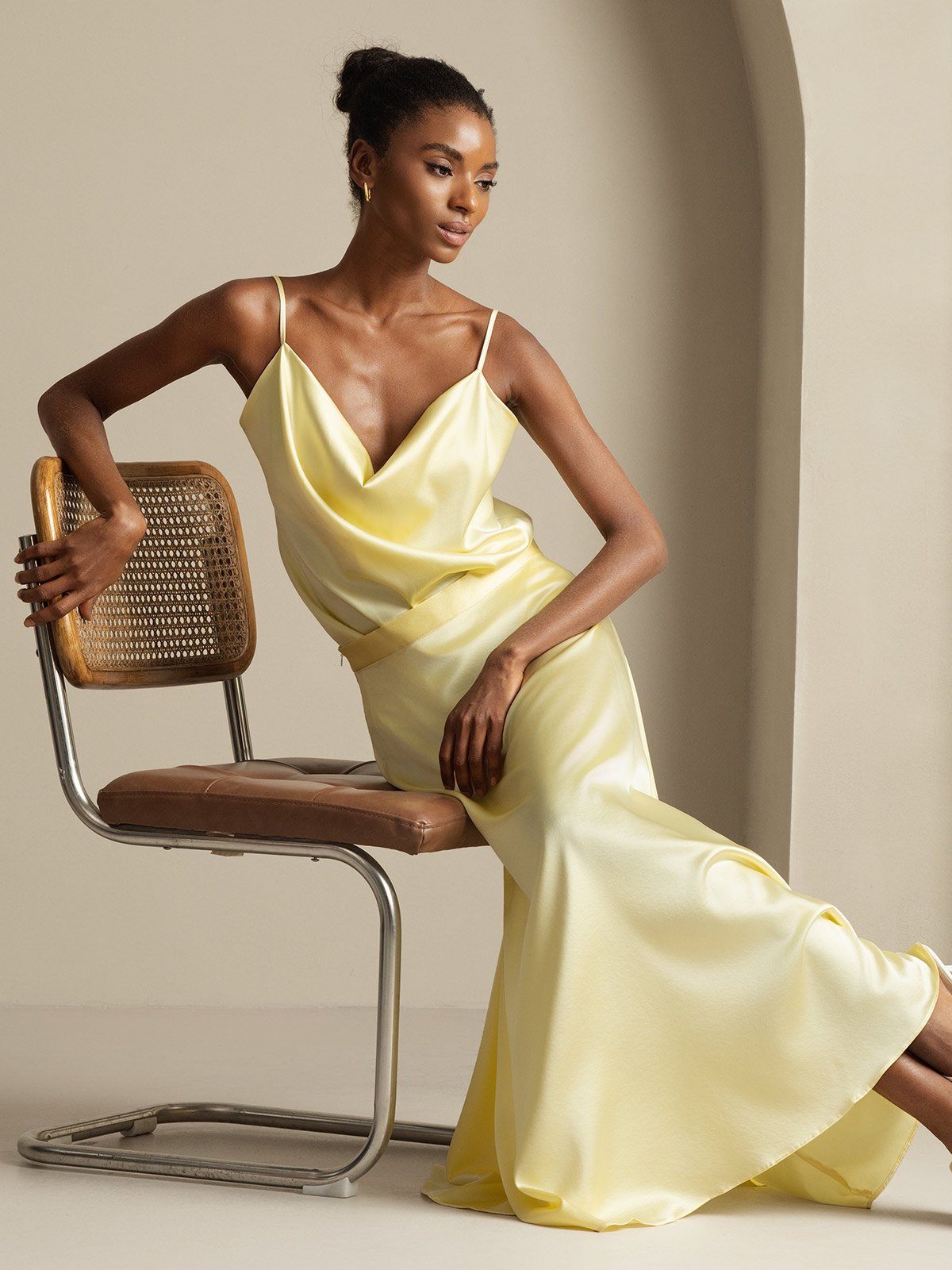 [Light Yellow] SilkSilky  19Momme Silk Cowl Neck Women''s Outfit Sets 007,